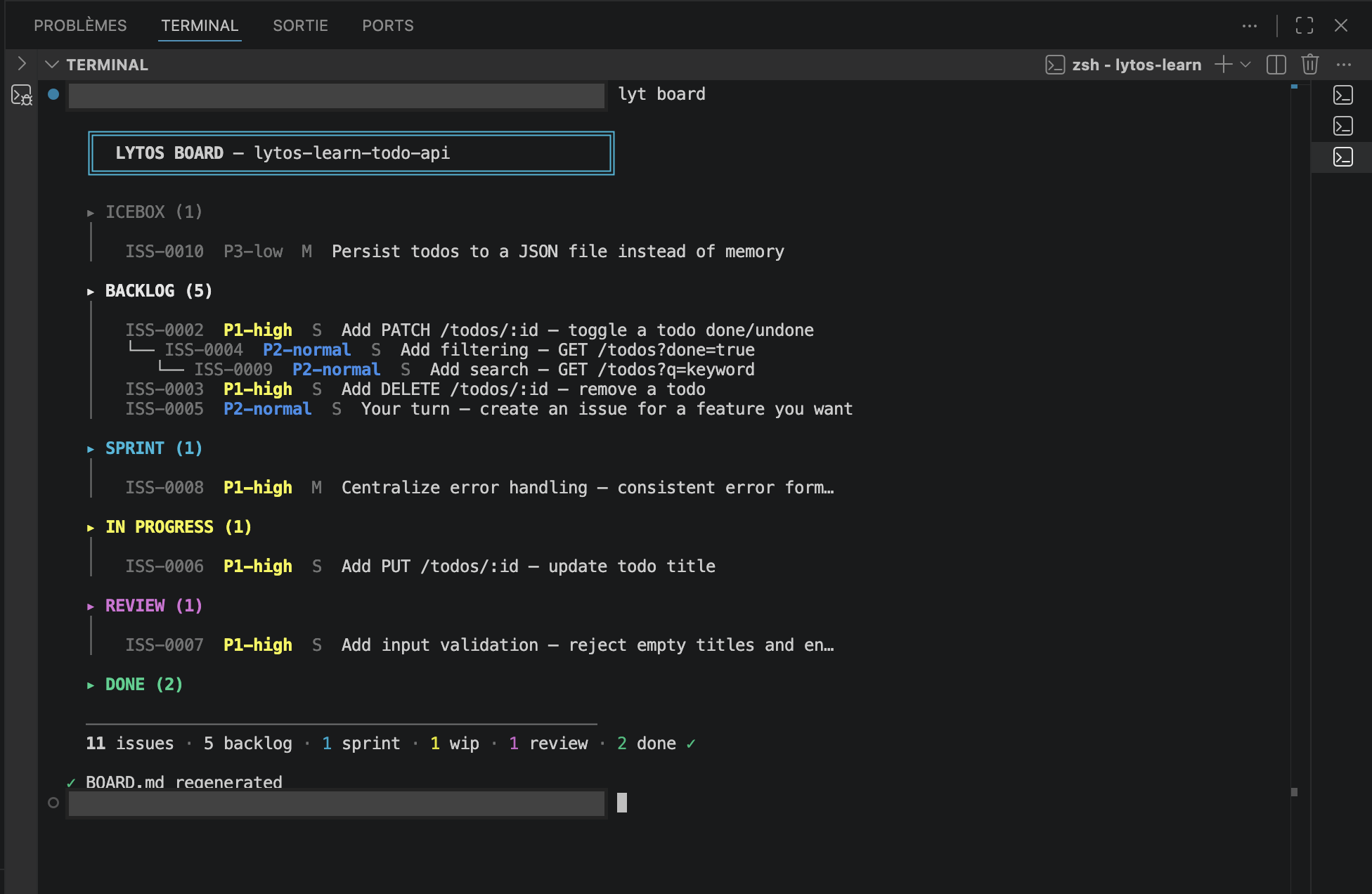 lyt board — Le kanban Lytos dans le terminal